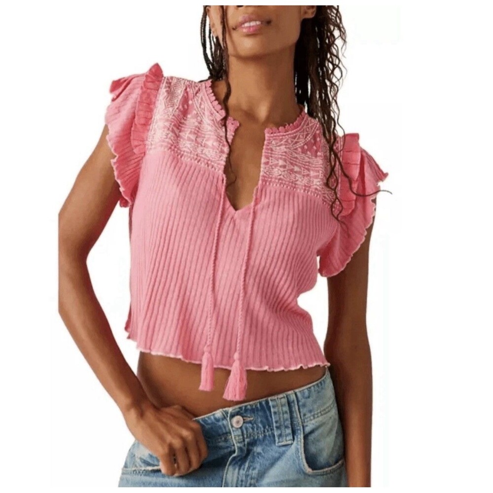 Free People Sarafina Embroidered Yoke Crop Top Womens Medium Festival Fairy Boho